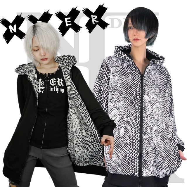 リバーシブルジップパーカー【PYTHON PATTERN×BLACK】2枚生地仕立て