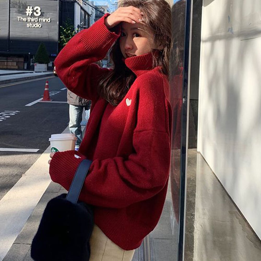 ニット セーター ハート柄 長袖 レディース 韓国 秋冬 防寒 暖かい おしゃれ 大人 かわいい きれいめ ハイネック タートルネック ゆったり 体型カバー 長袖セーター 大人可愛い 大人女子