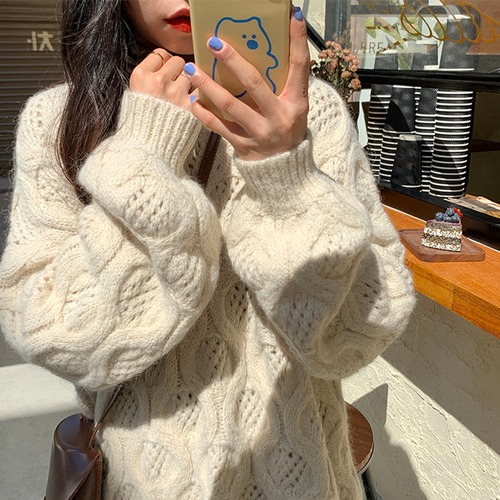 ✞お姉さん系プルオーバーケーブルニットセーター ソリッドカラー ウィンター大人女子☆ ランタンスリーブ レトロ 冬物 ソリッドカラー ✞ゴスロリ SM ミリ 甘ロリ クラロリ 和ロリ エレガント 黒ロリ 姫ロリ 華ロリ BB-BB236247522