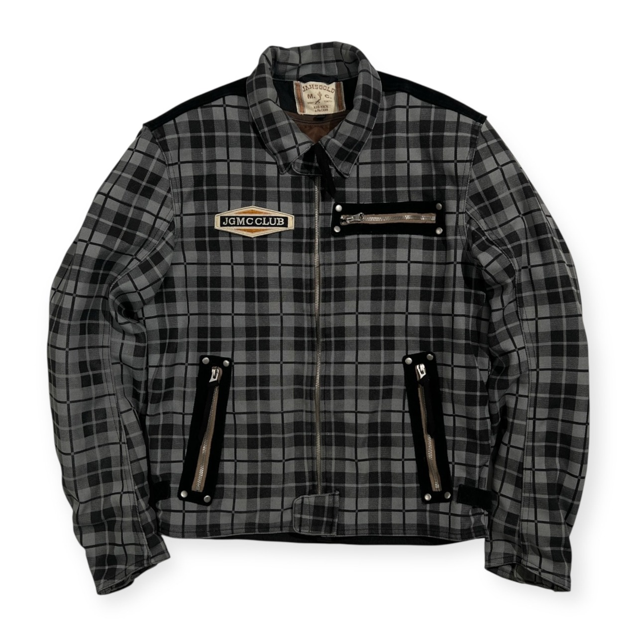 JAMS GOLD ジャムズゴールド 部分 本革 レザー チェック柄 ライディング ジャケット ブルゾン LL /グレー系 バイク ウェア バイカー ライダース