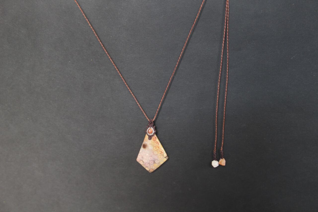 Fossil Coral & Sunstone micro macrame pendant