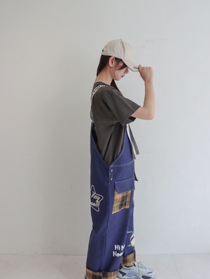 【全身で繋がる。】「恐竜とサメ？」と聞かれる恐竜＆サメ刺繍 チェック切替ゆるだぼサロペット【細身も安心のキャラ立ち】