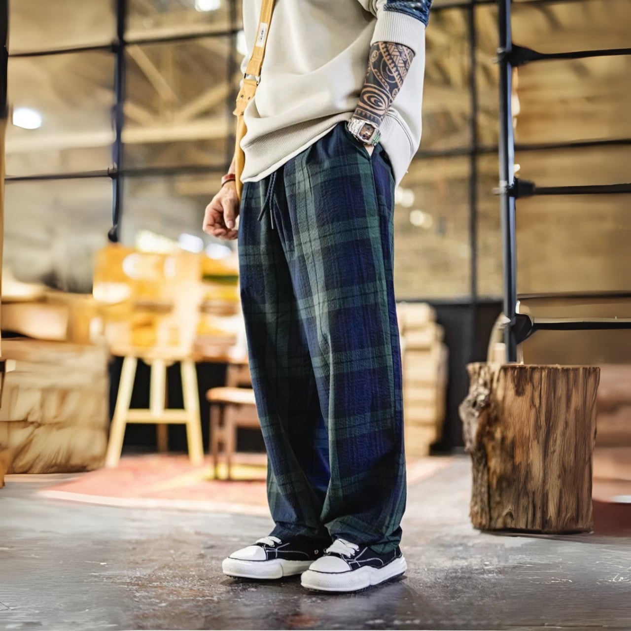 チェック ドローコード付き ワイドパンツ 00555