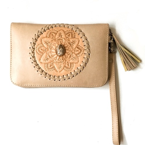 ボヘミアン 本革 レザー タッセル付 ウォレット(ストーン×アイボリー×マンダラ柄) ミラー付 財布 長財布 パスポート入れ【バリ直輸入】