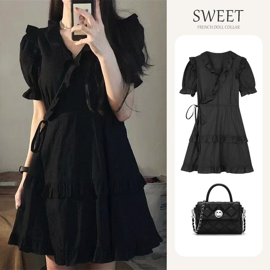 サブカル 服 地雷系 通販 春夏服 ワンピース 半袖 フリル パフスリーブ 甘め JKスタイル カジュアル 闇かわいい 量産韓国ファッション