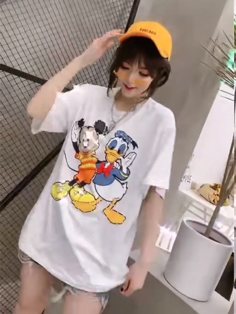 ラウンドネックルーズスプリングTシャツ 大きめサイズ 春物 Oネック ミックスインファッション1289075979