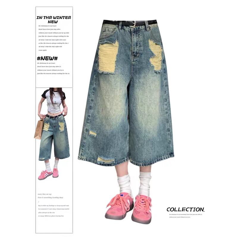 夏ヴィンテージブルーリッピングショートジーンズ女性特大ユーズド加工