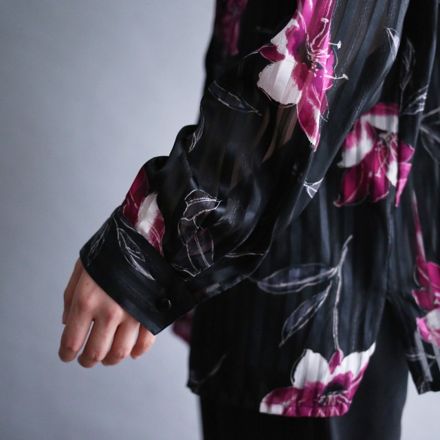 gloss fabric flower pattern black mode border see-through shirt
