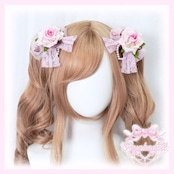 ♡【全2色】姫GAL ピンクローズ&パールハート オーガンジーリボンダブルヘアクリップ vivid pink ♡