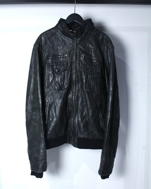 【Caka BLACK】Pocket Gimmick Vintage Stand Collar Leather Jacket