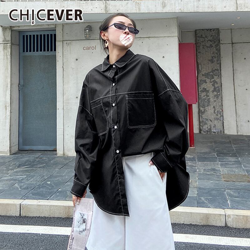 CHICEVERブラックパッチワークシャツレディースラペルバットウィング長袖不規則な裾特大ルーズブラウス2020 ロング 6base51956069223