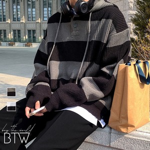 【韓国メンズファッション】フード付きヘンリーボーダーセーター カジュアル クール シティ ローゲージ BW2379