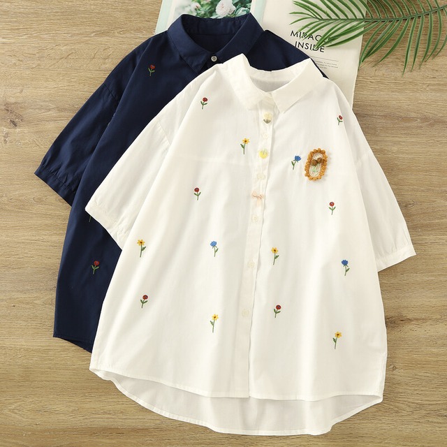 花柄刺繍ワッペンボタンフロントシャツ 2col 1236