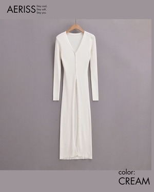 Vネックボタンリブニットワンピース 4color A0693