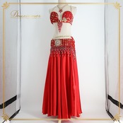 ベリーダンス 衣装 Saneil Moda サンネールモダ セットアップ 上下セット オリエンタル レッド系 トップス スカート ベルト ベール アーム アーム飾り 腕飾り チョーカー 赤 フリンジ ラインストーン ビーズ 鮮やか 光沢 華やか ダンス衣装