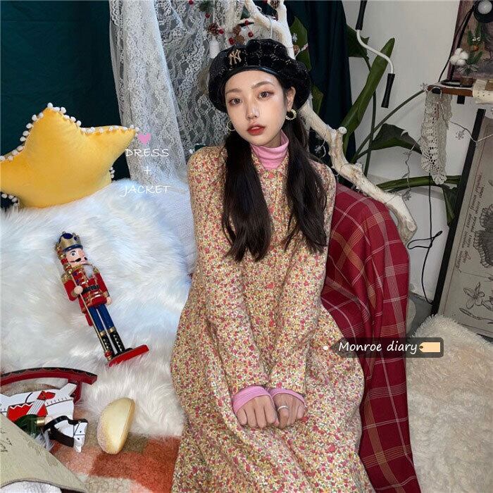 スタンダードフローラルドレス スカート オータムウィンターロング レトロ 秋物 冬物 花柄 モンロー75701808918