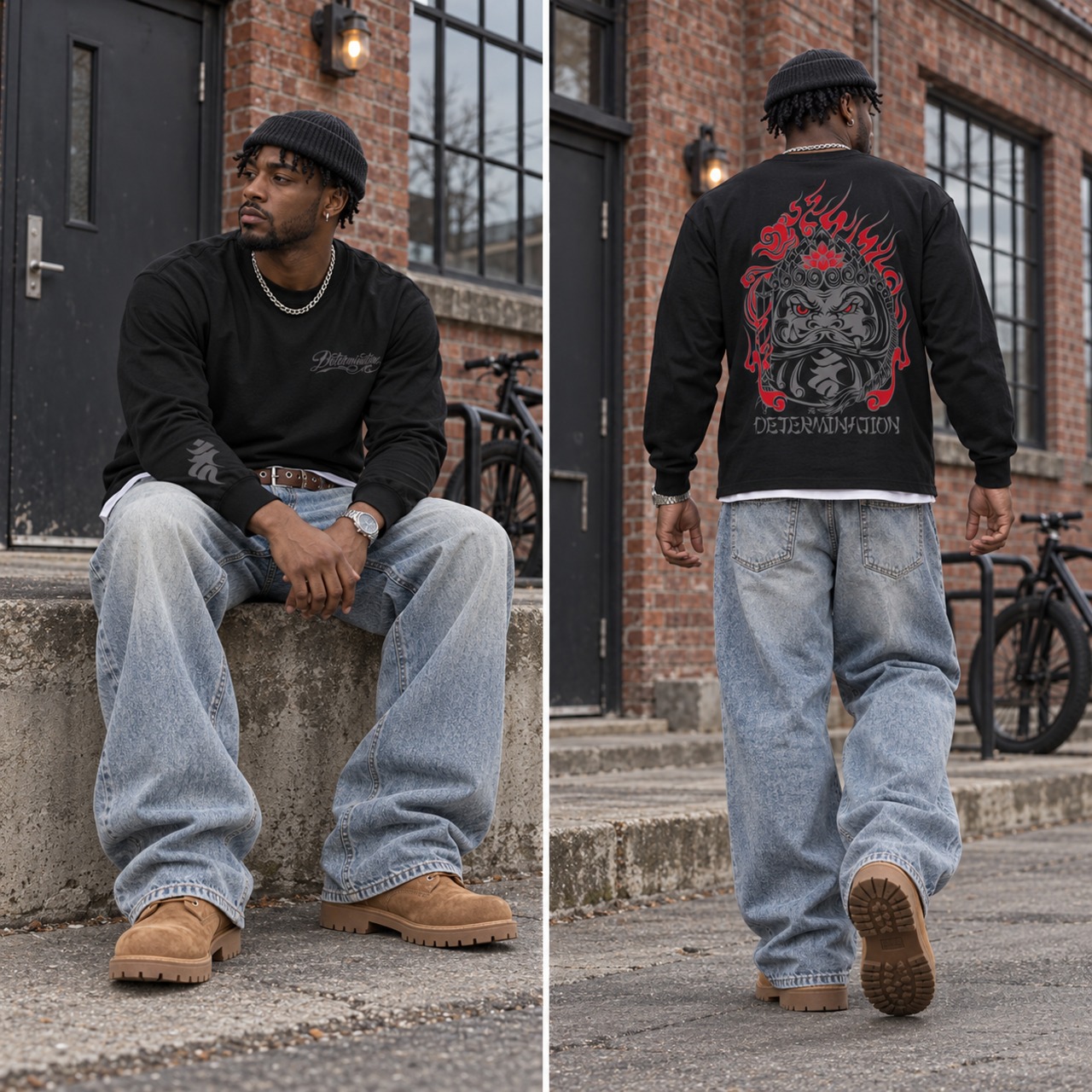 不動明王達磨  GRAY×DARKRED L/S T-Shirt