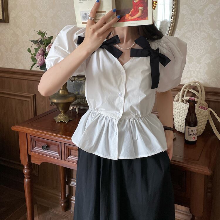 スリーブホワイトシャツ サマースタイルプリーツウェストカラーロングスカート リボン 夏物 ピュア ビッグFスモールZ韓国5029842015