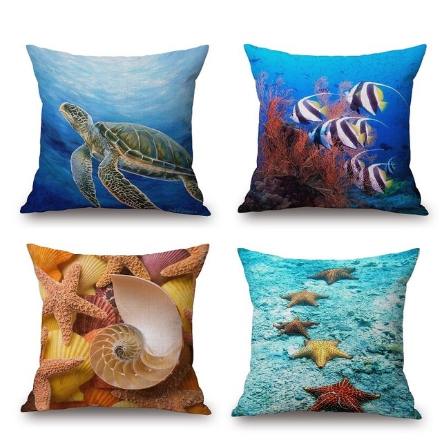 ウミガメクッションカバー海ヒトデシェル魚カラフルな世界枕カバー枕ケース寝室ソファ装飾95グラム