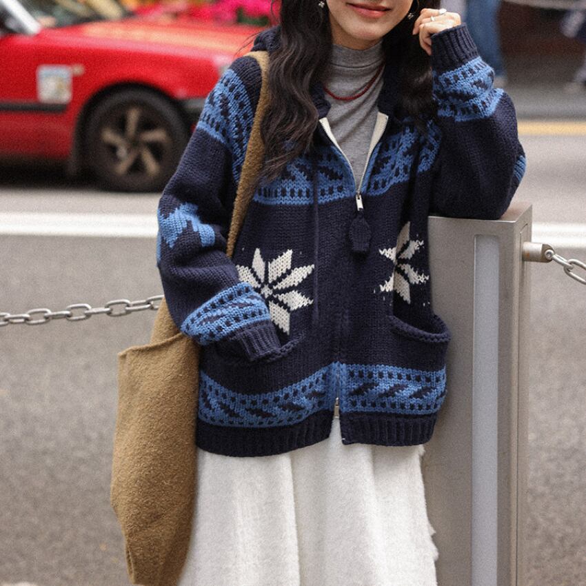 zip-up hooded knit hoodie　J00392