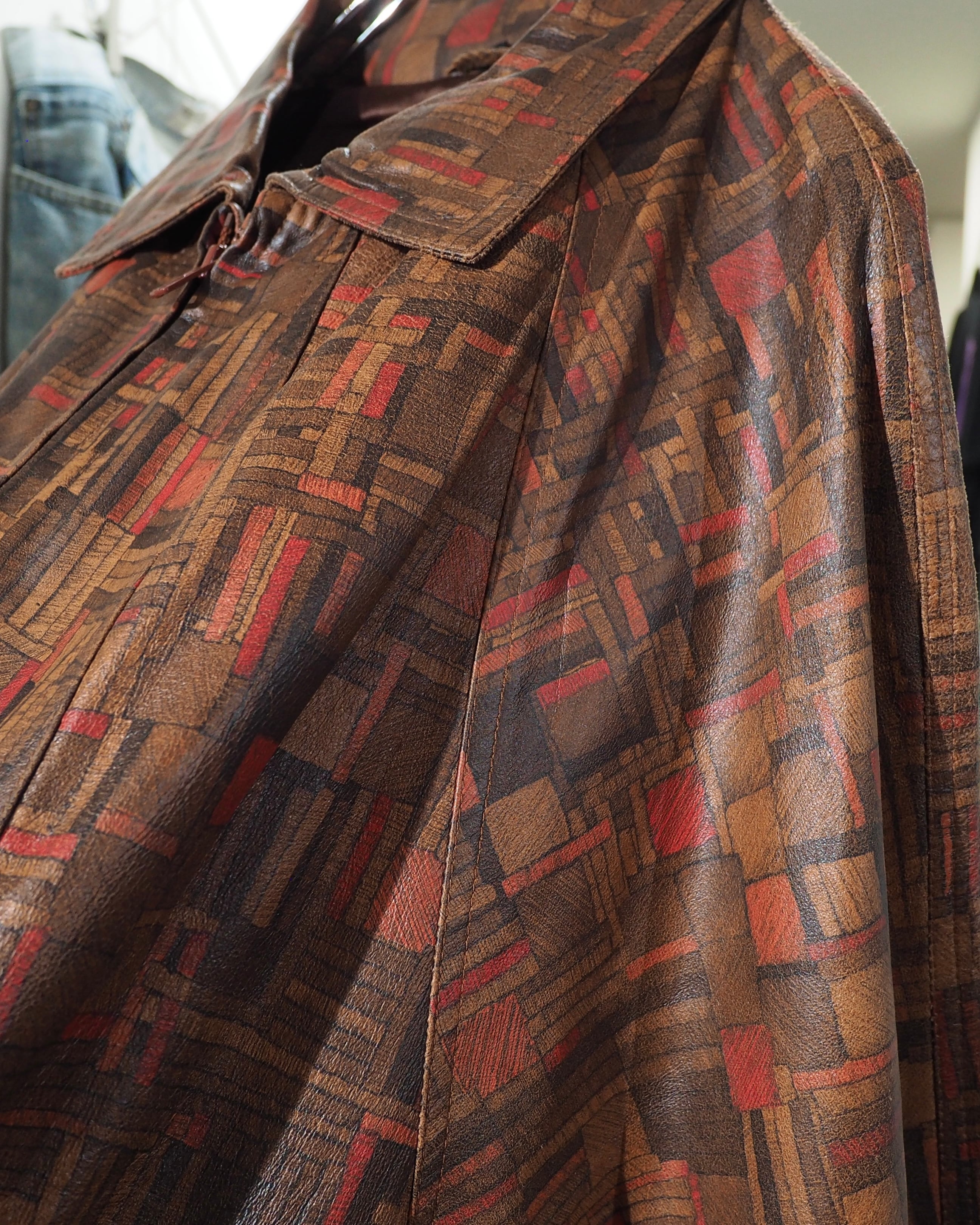 1990s Beautiful Abstract Square Pattern Vintage Loose Sheep Leather Jacket