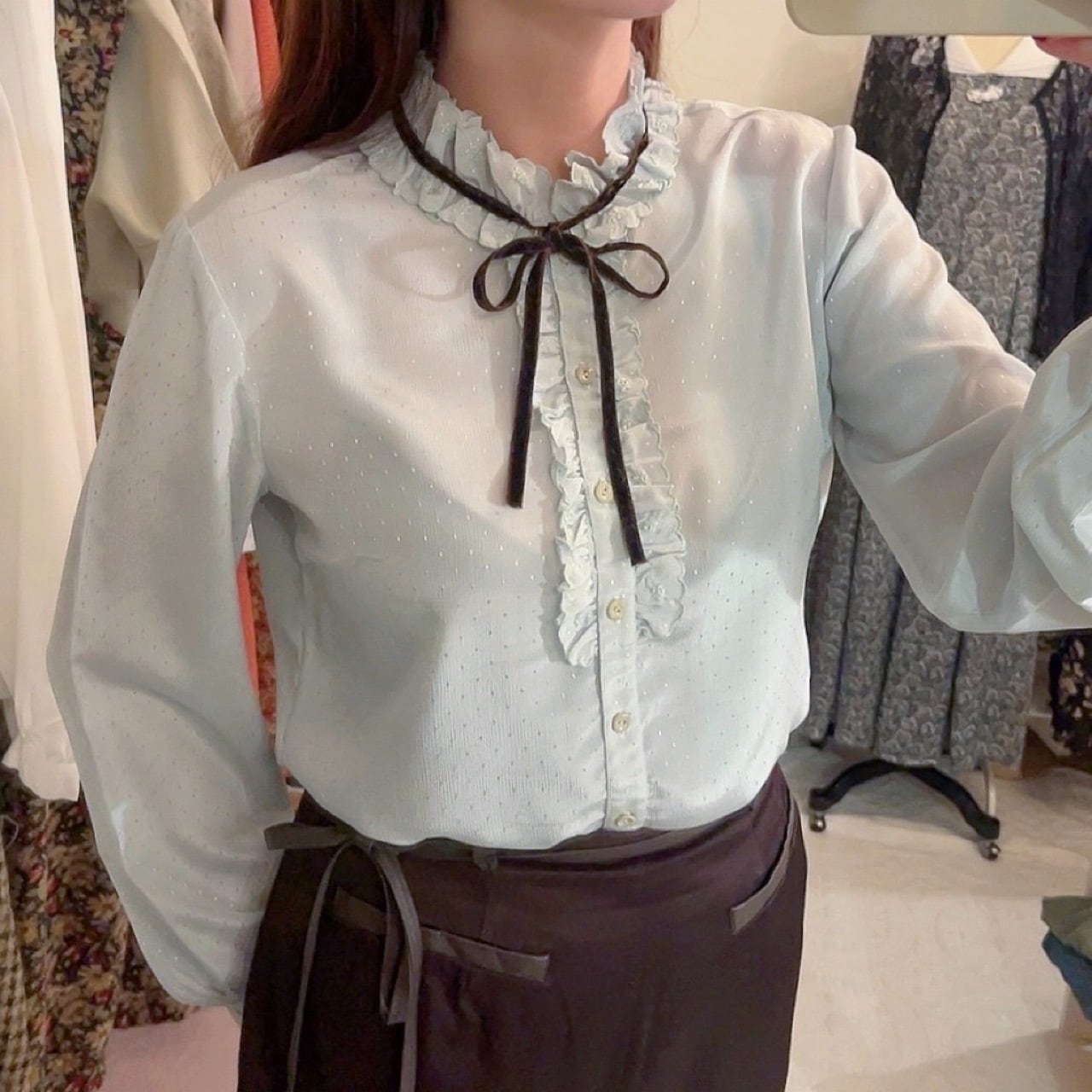 mint green velours ribbon blouse