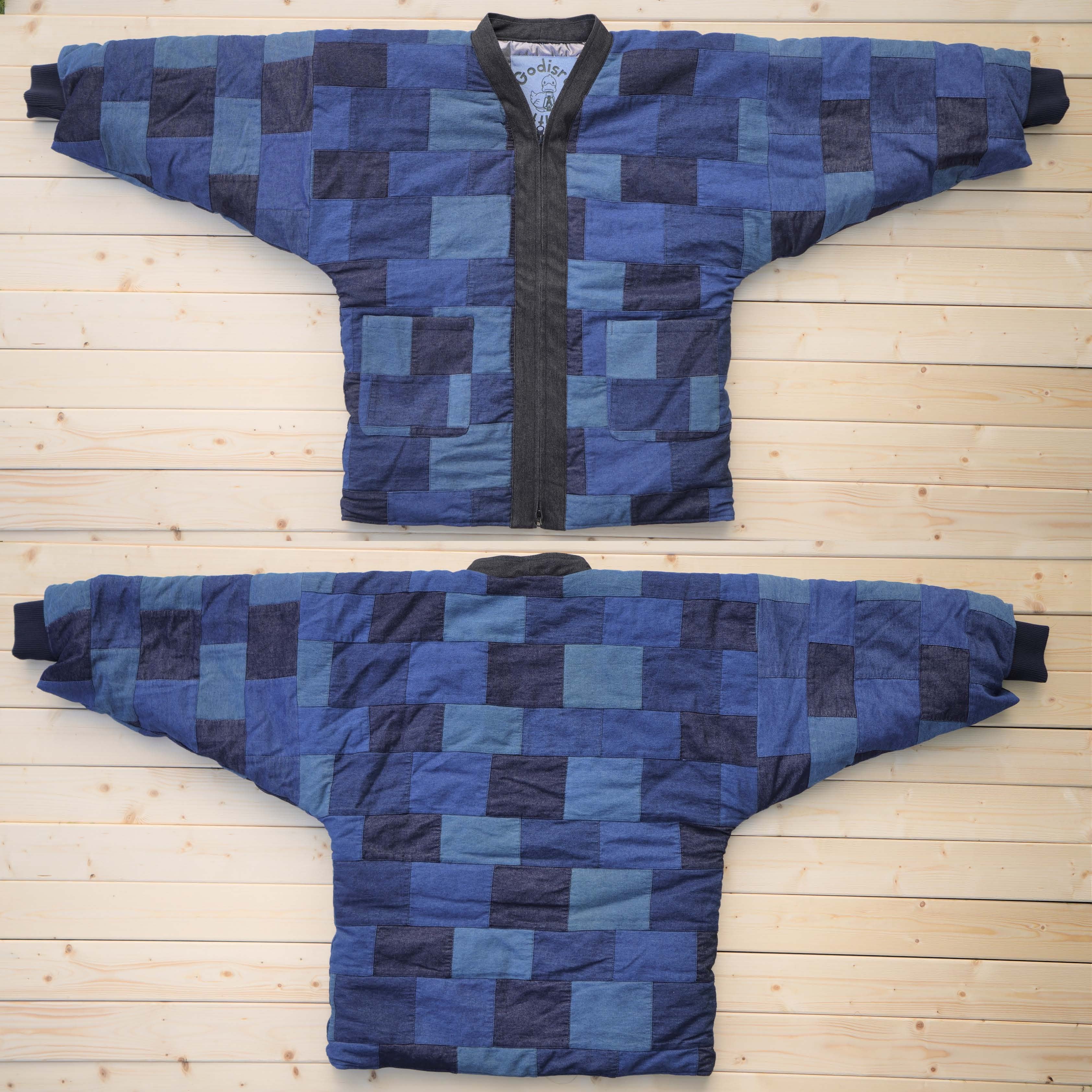 寒風寒波上等デニム半纏（ハンテン）パッチワークNAVY 防風シート