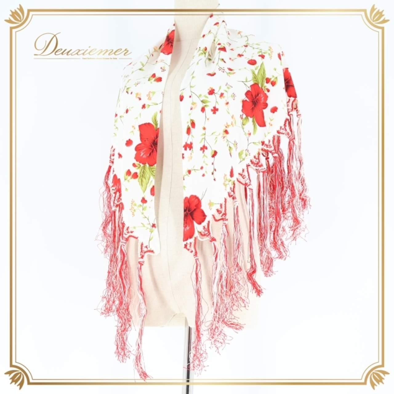 フラメンコ 衣装 シージョ トライアングル 三角形 フレコ 花柄 ハイビスカス 白 赤 フリンジ フレコ ホワイト系 レッド系 フラメンコ 衣装 ダンス衣装 コスチューム 花柄デザイン おしゃれ ハワイアンスタイル 軽量