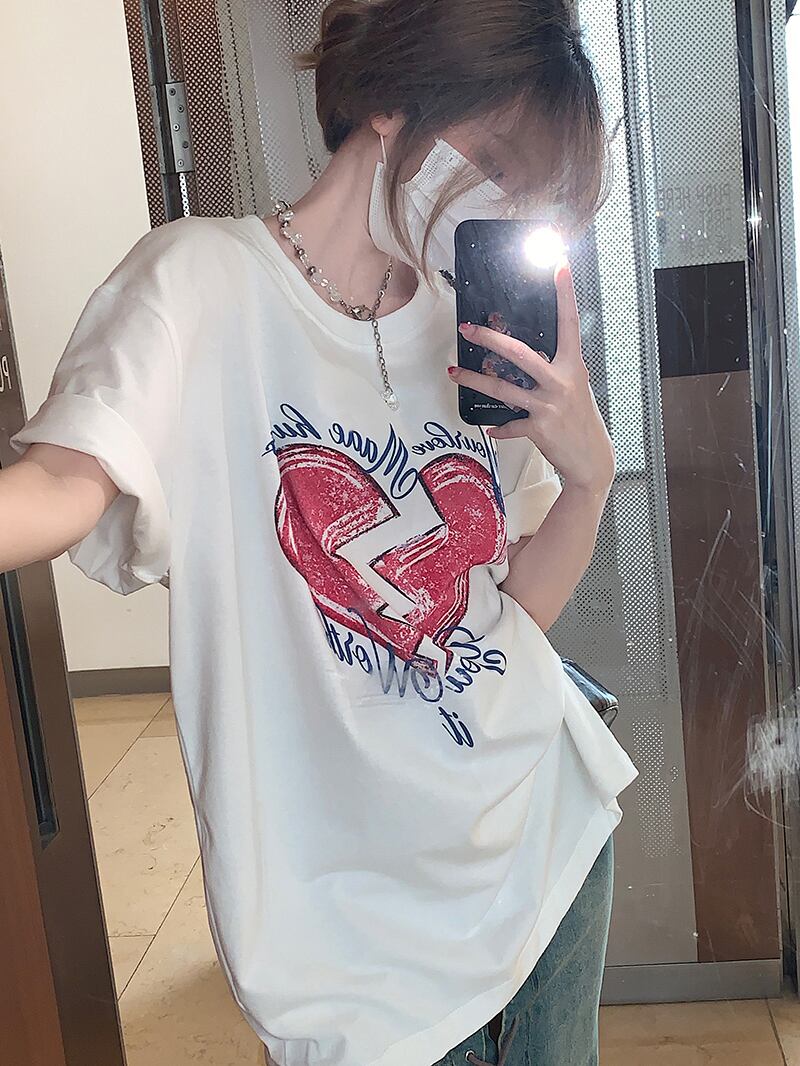 ハートプリントTシャツ サマー薄手カジュアルルーズホワイトトップス 大人ガーリー スウィート キュート 夏物 ブラックストロベリース87422785365