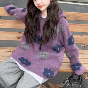 冬花柄パープルセーター