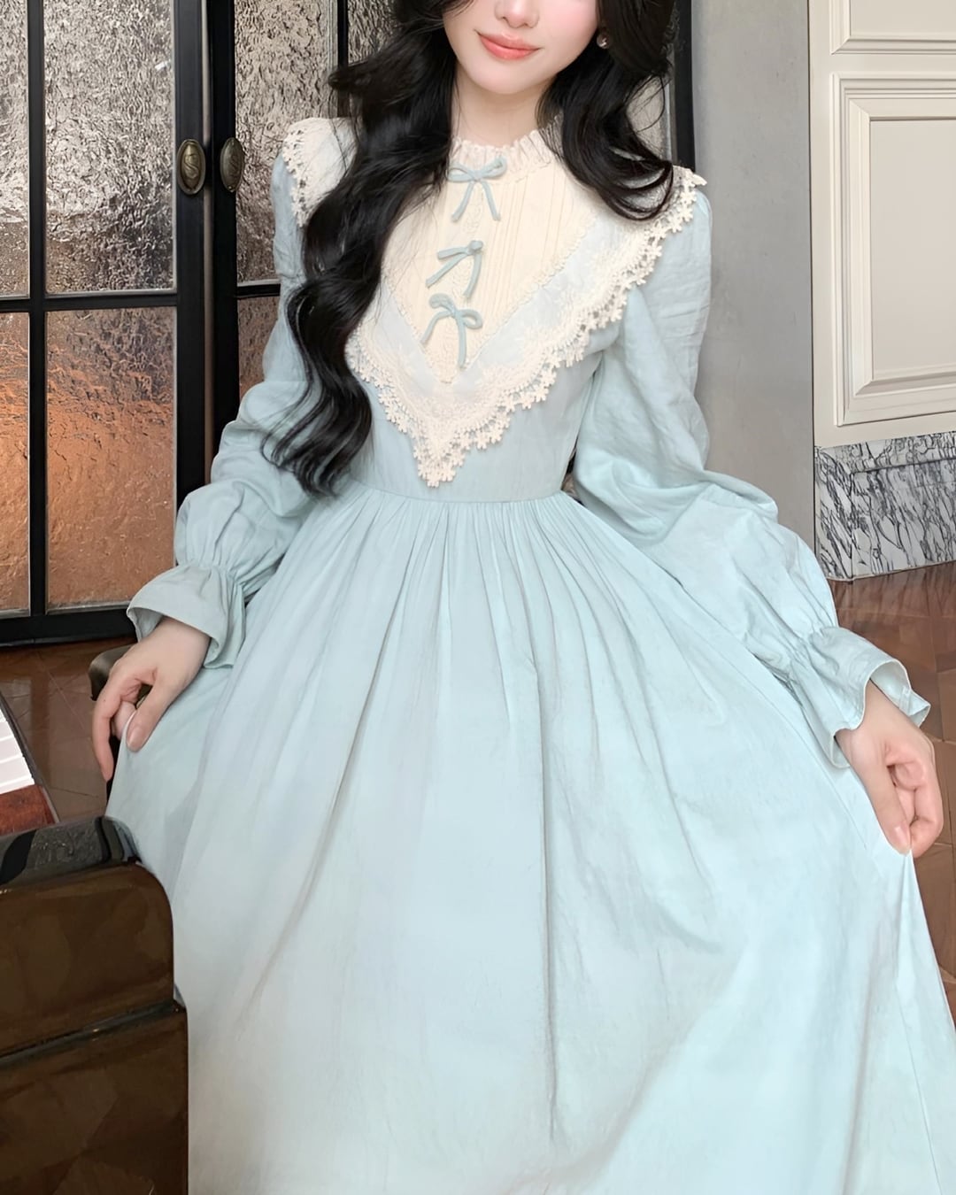 フレンチレースライトブルーワンピース 24WP08088