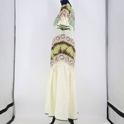 【美品 ハワイ製 フラダンス衣装】アイボリー T&L MUUMUU FACTORY ワンピース ドレス ホヌ柄 白 茶 黄緑 亀 パフスリーブ 絞り