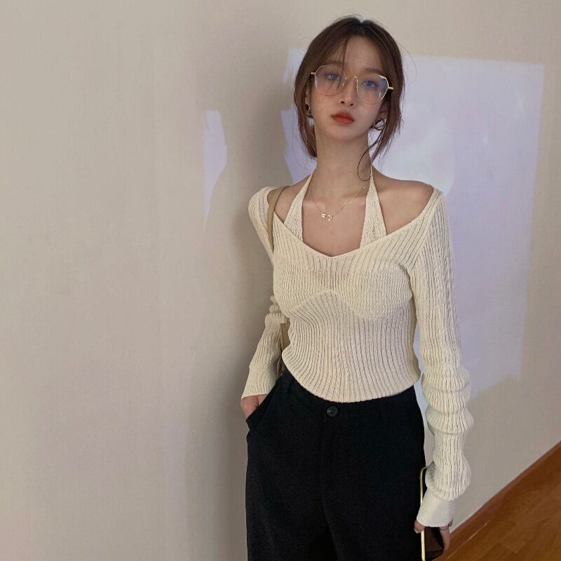 スリムなオフショルダーハンギングネック長袖セータートップレディース2020年秋新しい白いタイトフィットインナーベースシャツ ブラックストロベリース46155311870