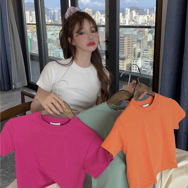 ショートTシャツ シャツ レディースサマーラウンドネックソリッド カラースタイルスリムトップス 夏物 Oネック ソリッドカラー フラワークラフター13538585390
