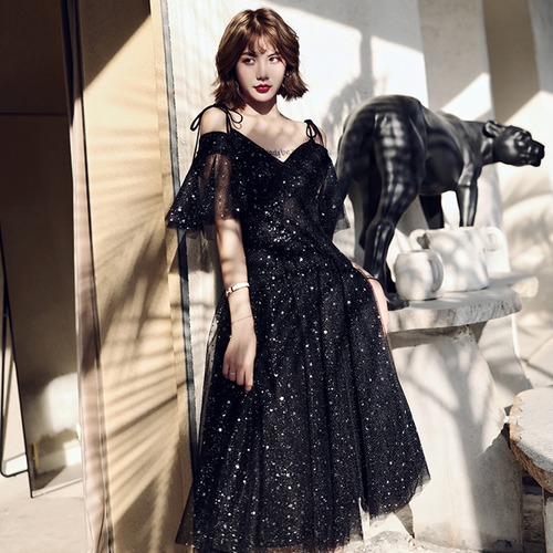 ドレス ワンピース ラメ レース ミディアム丈 オープンショルダー フレアスリーブ お呼ばれ 結婚式 2次会 パーティ 秋冬 レディース　BADB0035