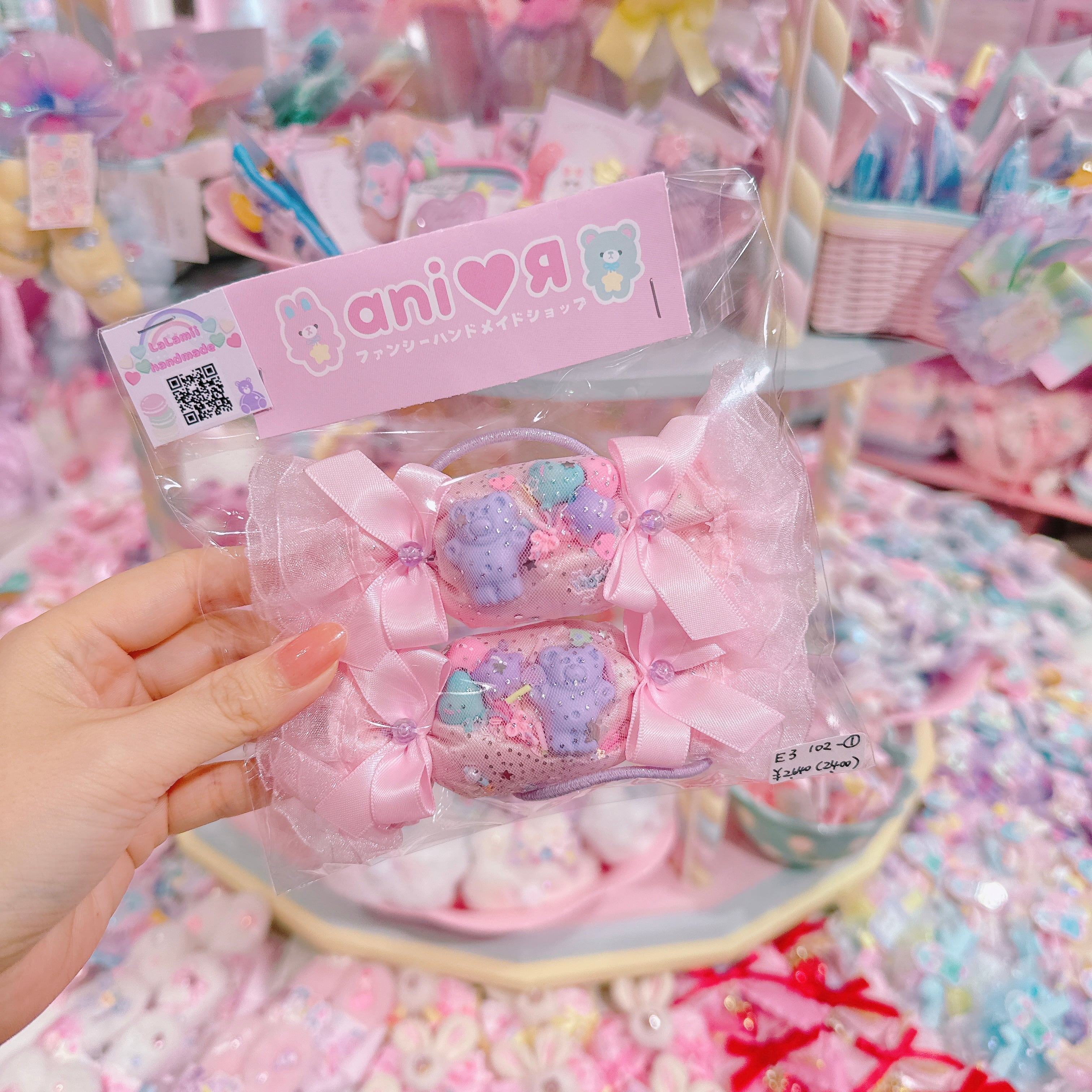 【E3】102-1サテンBig candyリボンツインヘアゴム