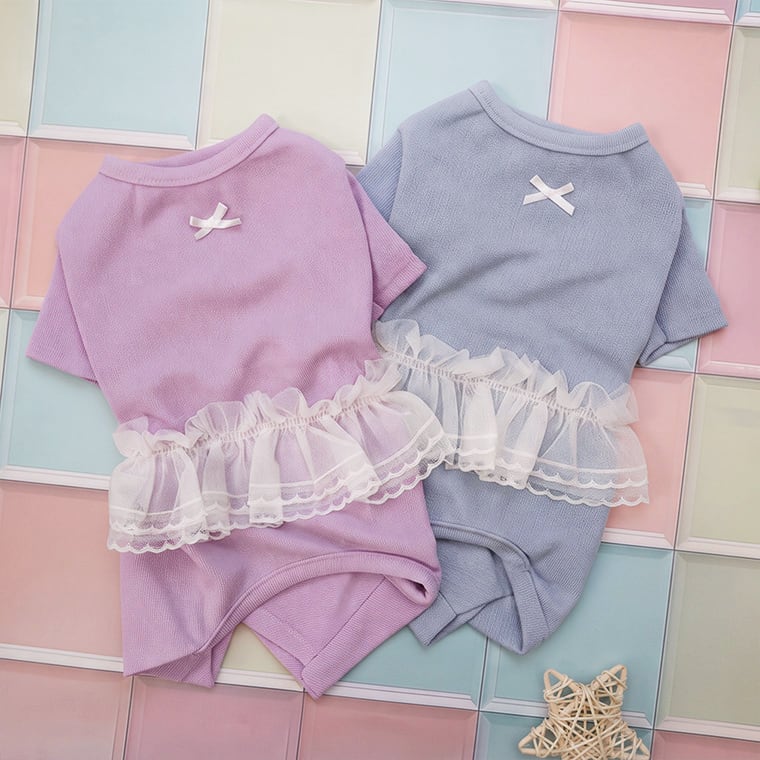 lurabo all in one S ~ XL 2color  /  犬服 オールインワン 秋 冬 春 ドッグウェア レース 重ね着 長袖 無地 シンプル 小型犬 中型犬 犬 服 ペット洋服 韓国犬服 ストレッチ素材