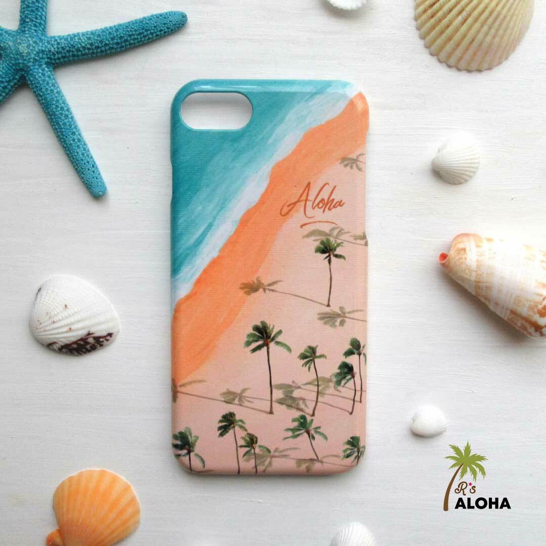 名入れ ハワイ 海と砂浜とヤシの木柄 スマホケース 受注生産 R S Aloha ハワイアン 海を感じるスマホケースのお店