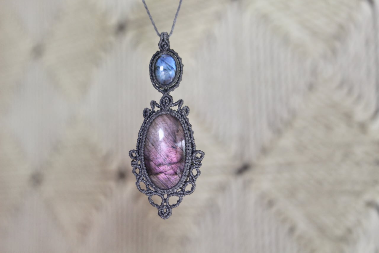 Purple Labradorite & Labradorite micro macrame pendant