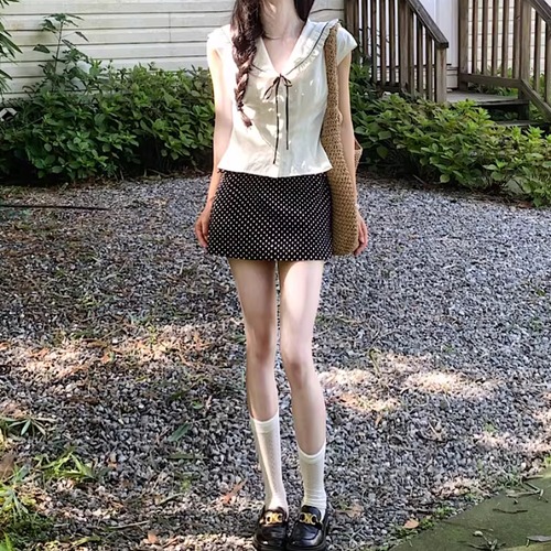 【2点セット】リボンフリルカラーフレンチスリーブブラウス＋ドットミニスカート ・76079