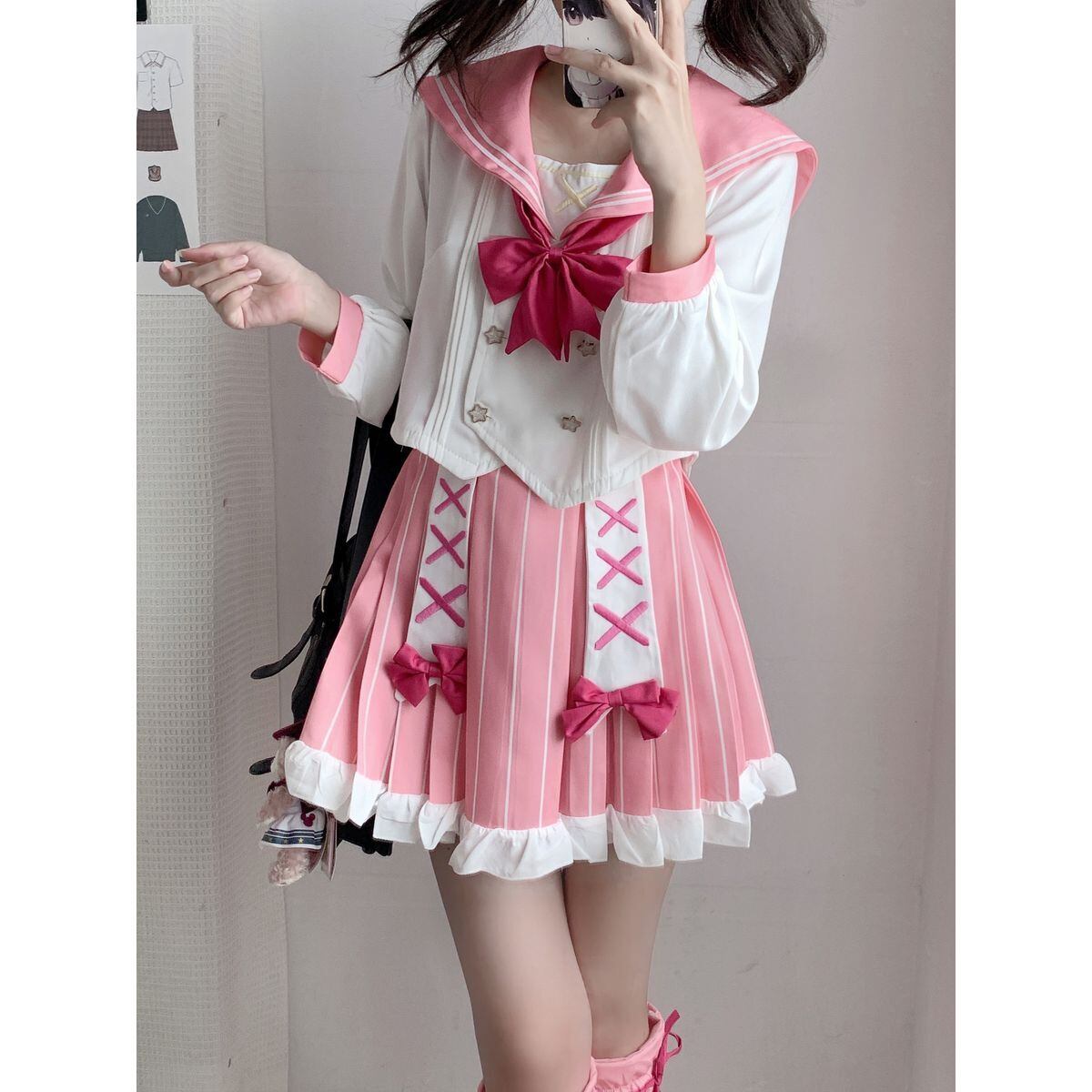 レースアップレッグウォーマー付きプリーツセーラー服セット