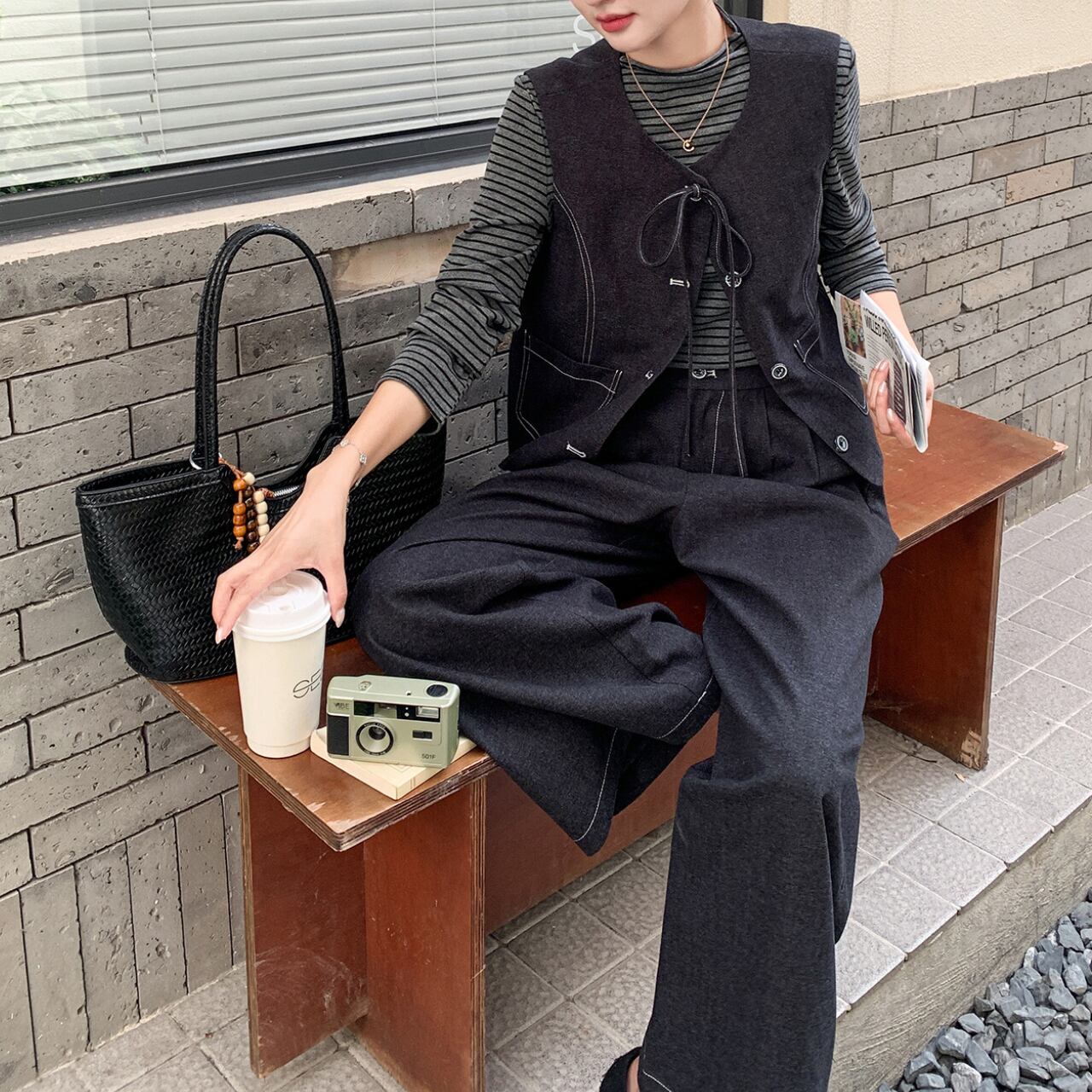 3点セット ステッチデザインベスト&ワイドパンツセットアップ a0621