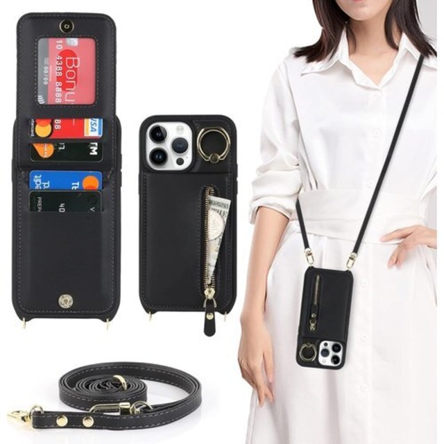 iPhone 13 pro Max / 12 pro 13プロマックス 12プロマックス カバー アップル アイフォン12プロマックス 携帯ケース 13プロマックス スマホケース 背面フリップ 手帳型 上下開 適用 case iCoverCase カードケース カード収納 スナップ式 横置き スタント 肩がけ 首掛け 斜め掛け ファスナー ストラップ付き ショルダーケース カード入れ カバー スマホケース 携帯カバー ブラック 1987