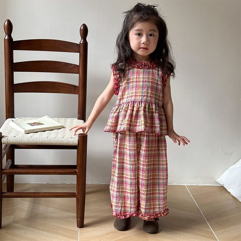 【KID】韓国風 チェック柄フレアセットアップ