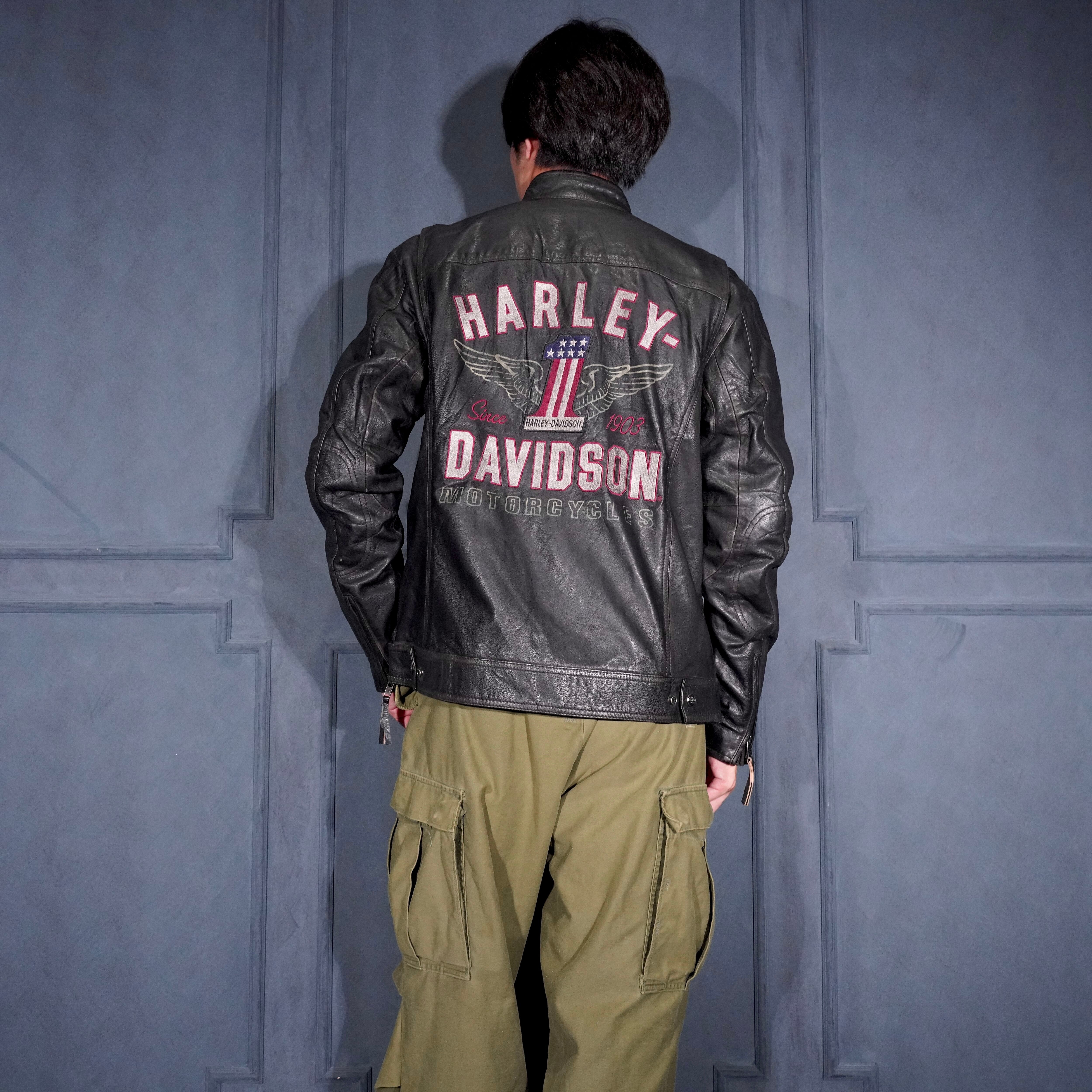 USA VINTAGE HARLEY DAVIDSON LOGO EMBROIDERY DESIGN ZIP UP LEATHER