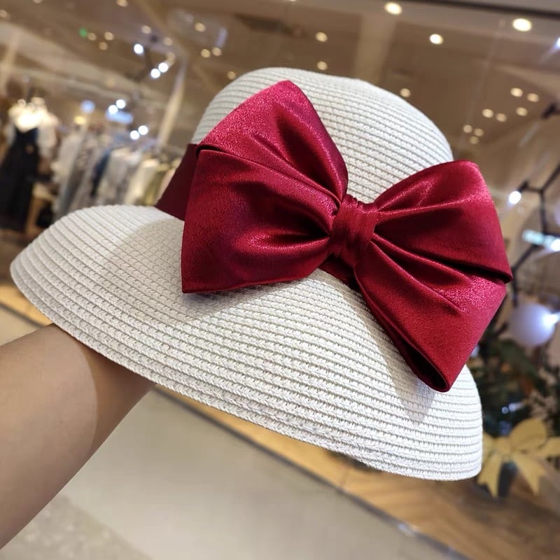 2カラー】帽子 女優帽 リボン 赤 白 黒 アクセサリー 麦わら帽子