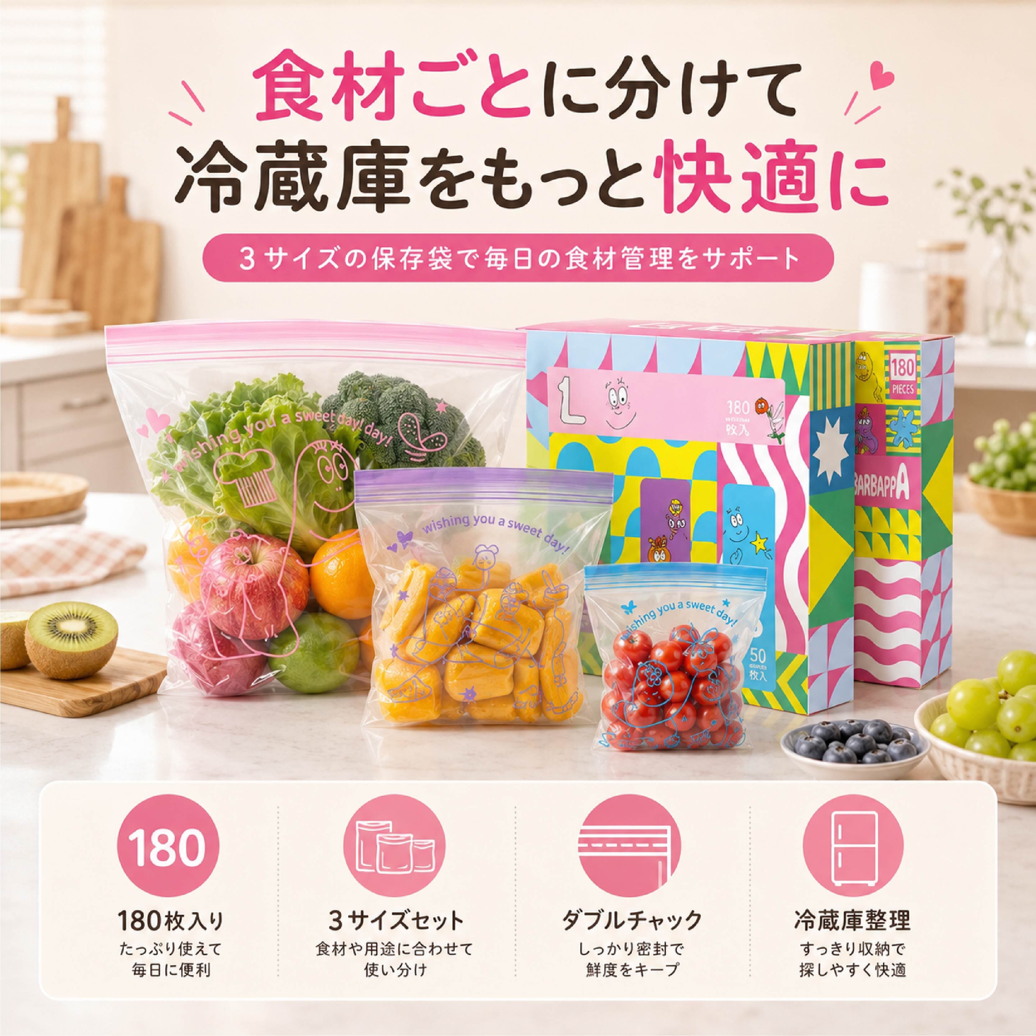HY 803 . 食品保存袋 180枚セット ダブルチャック フリーザーバッグ