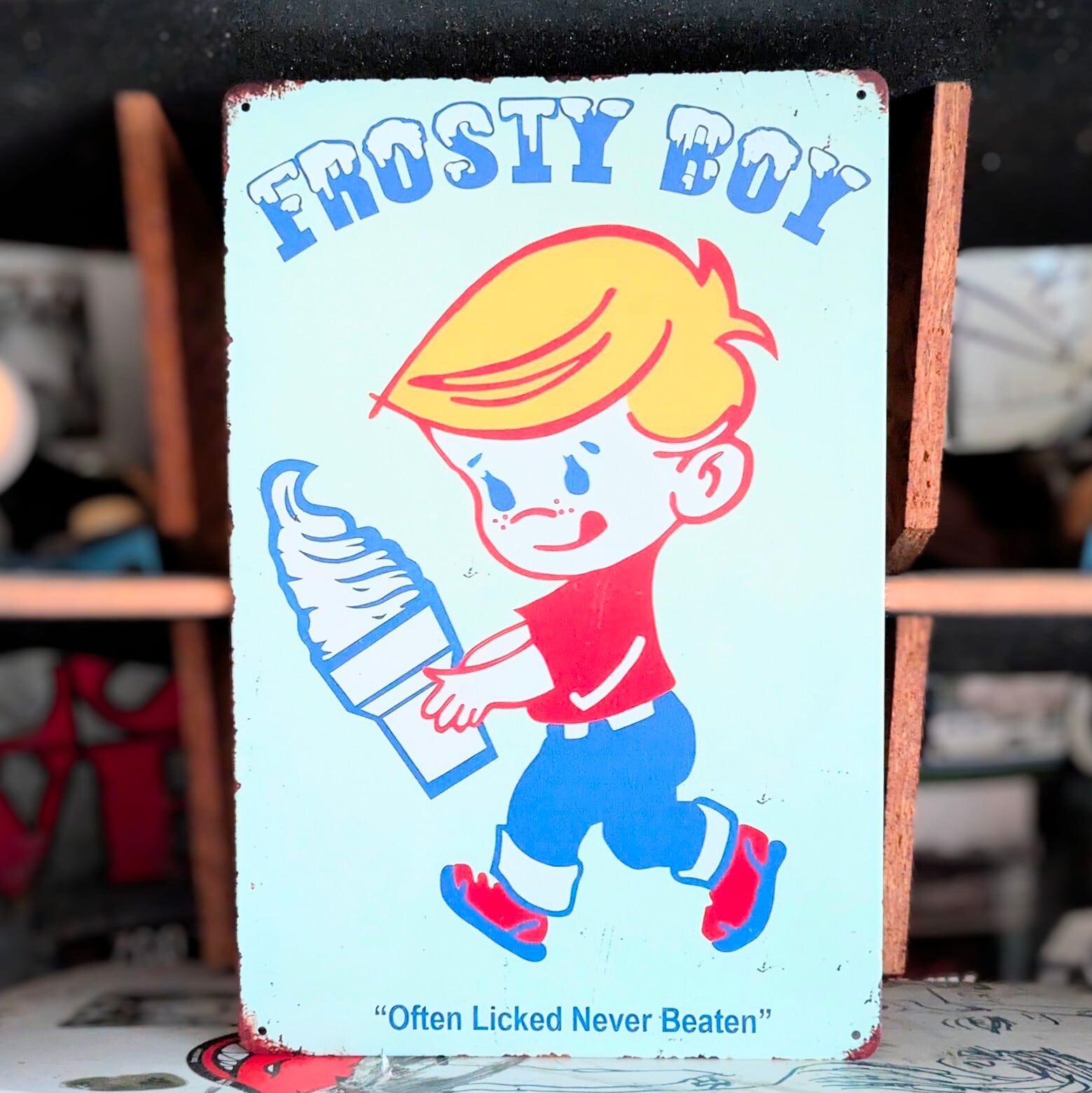 送料無料！ちょうどいいブリキ看板 【 Frosty Boy ( フロスティボーイ ) 】 BLUE / METAL SIGN / メタルサイン / ブリキ看板 / サインボード / ビンテージ加工〚アメリカン雑貨 アメトイ〛
