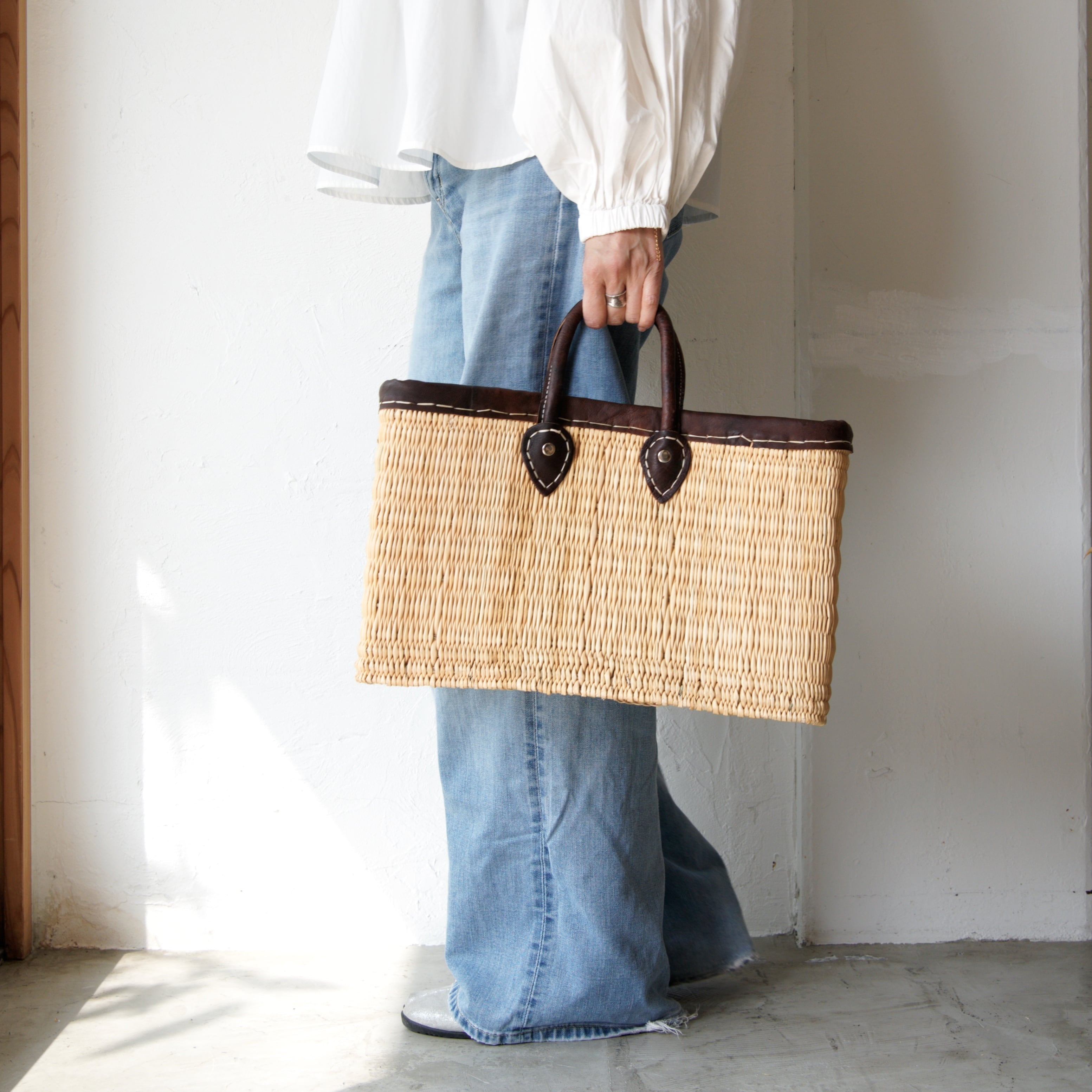 モロッコストローバスケット レザーハンドル M