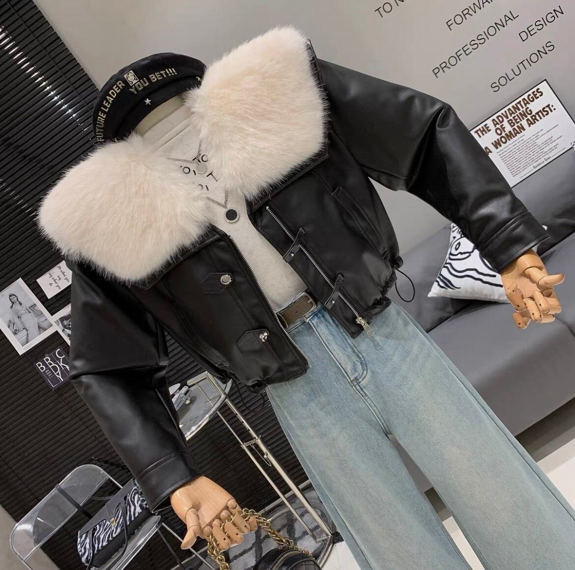 全2色フェイクファーショート丈レザージャケット | sharmant